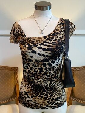Vintage 90s Cache Brown Leopard Animal Print Scoop Neck Top, Size M/L Sexy Party